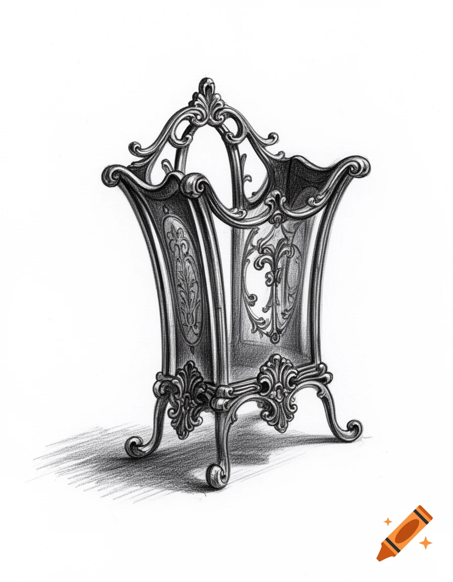 A black and white pencil sketch of an ornate, antique-style magazine or glove holder with curved legs and decorative scrolling.