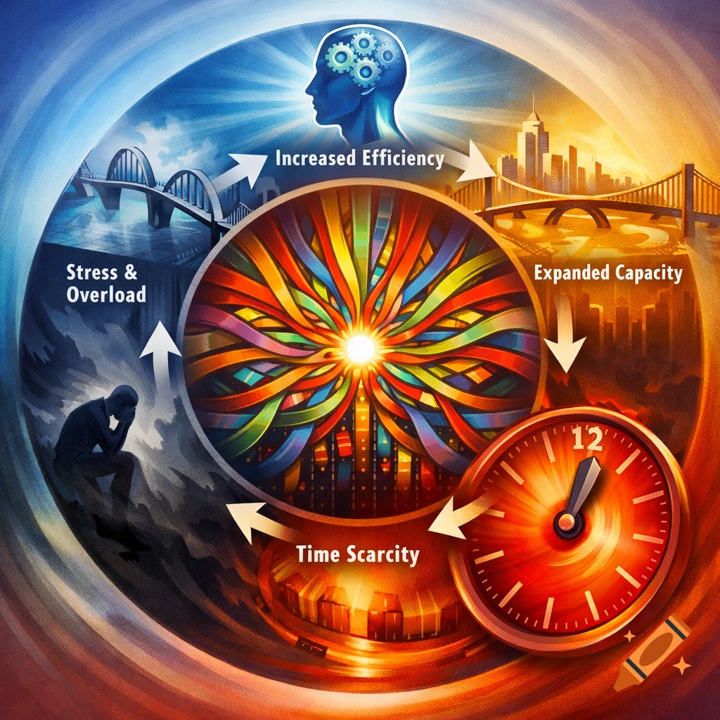 Conceptual diagram illustrating a cycle of efficiency, capacity, time scarcity, and stress, featuring a brain, cityscape, clock, and abstract ribbons.