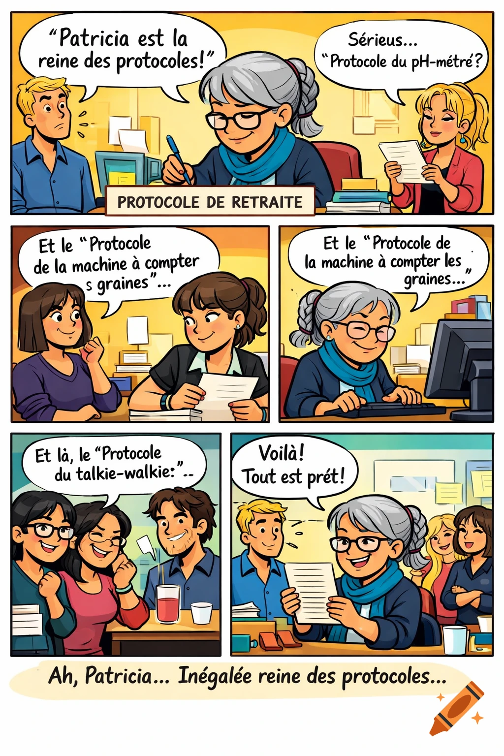 A multi-panel cartoon comic strip showing office workers interacting with a colleague named Patricia, who is obsessed with creating protocols, even for her retirement.