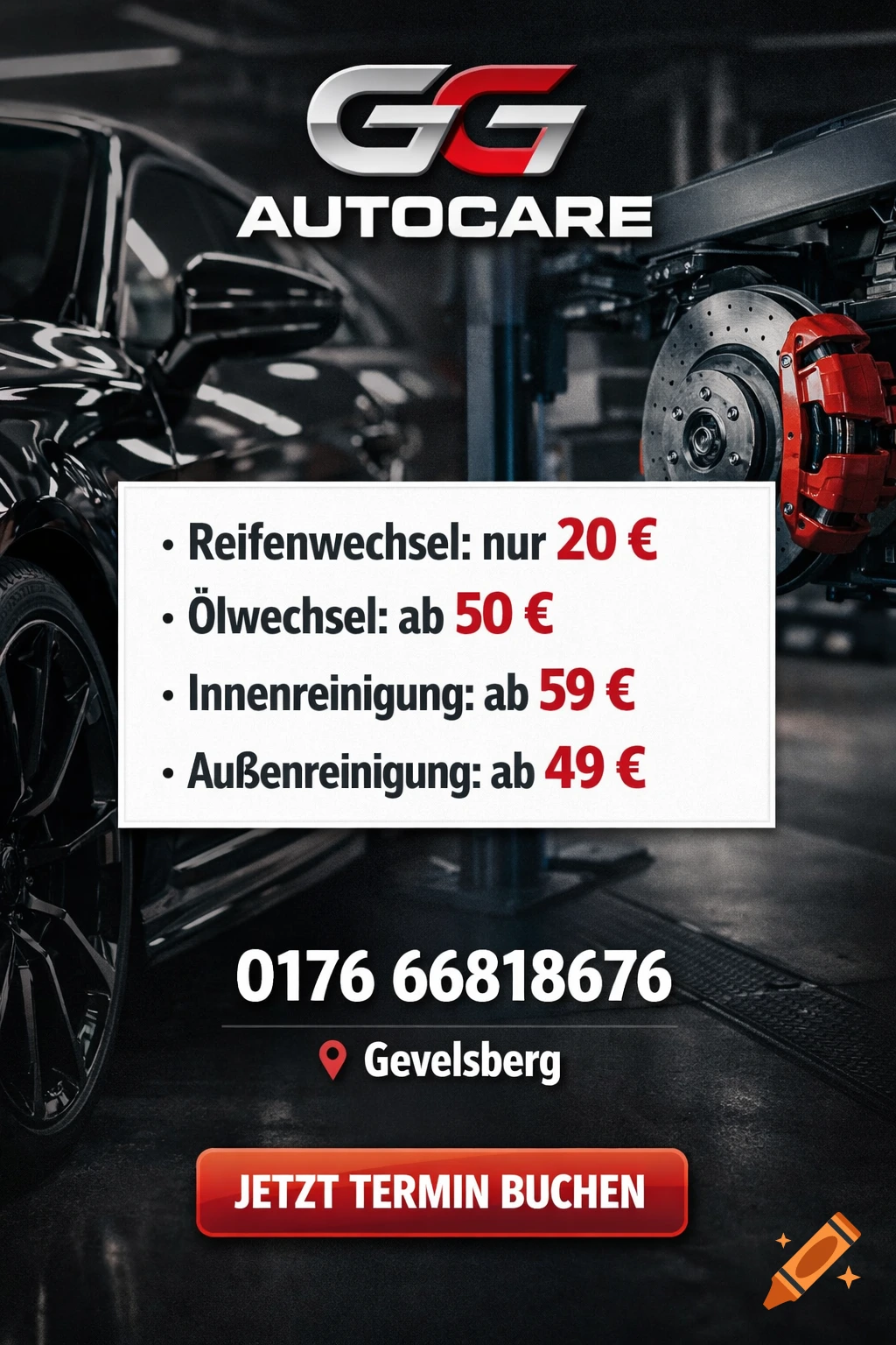 Advertisement for GG Autocare, showing a car and a brake disc, listing prices for tire change, oil change, interior, and exterior cleaning.