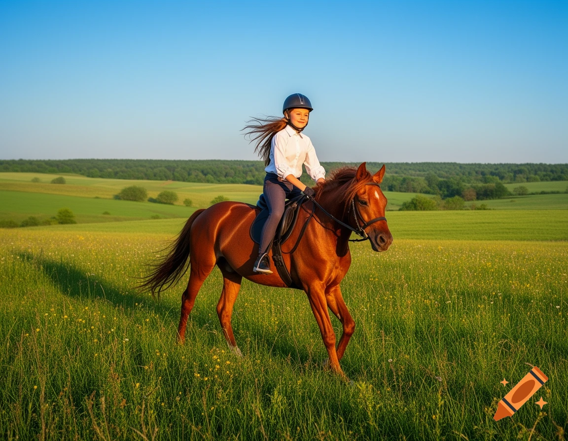 Young girl in riding helmet on a brown horse galloping through a lush green field under a clear blue sky.