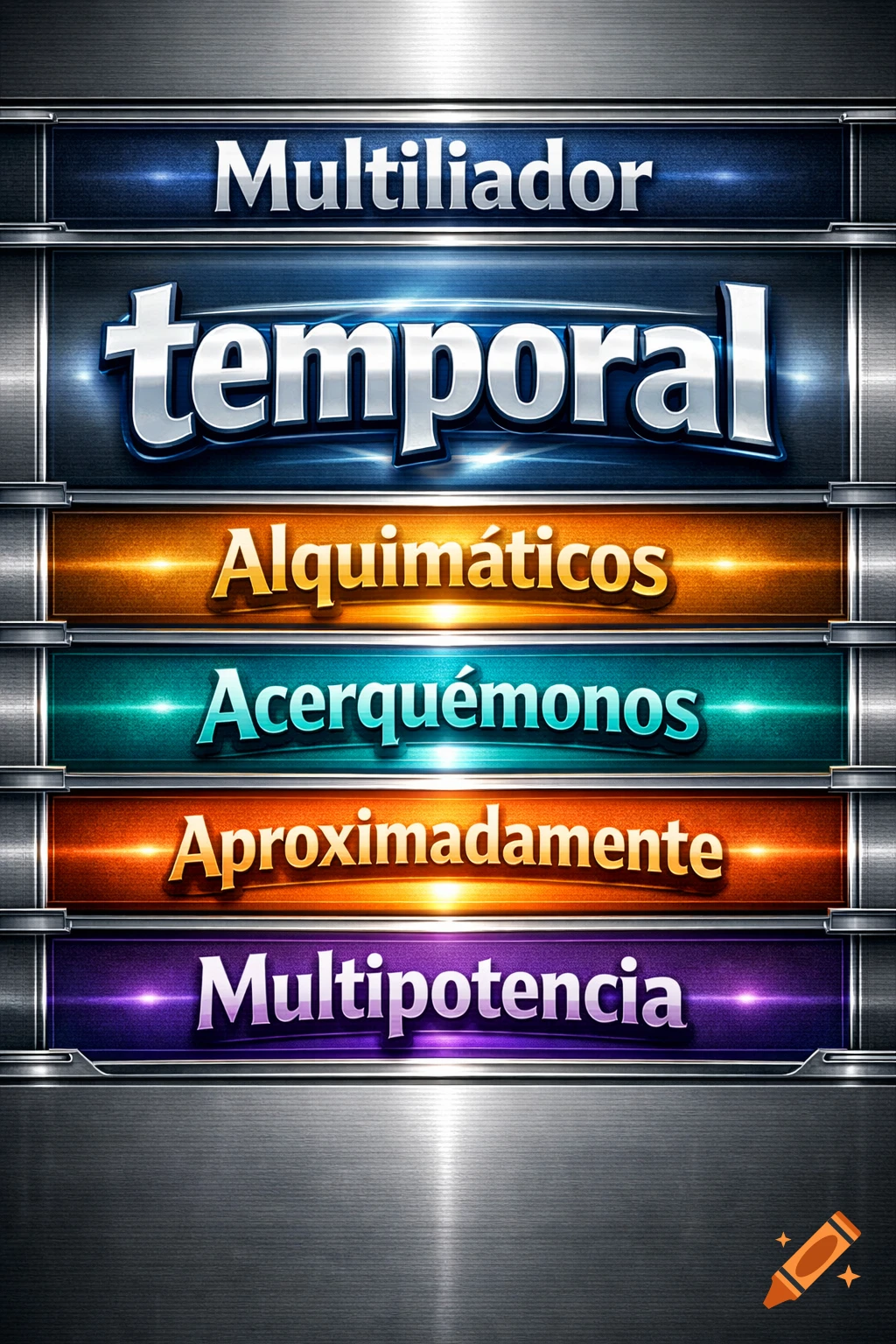 A poster with six metallic-framed banners, each with a different colored background and white or gold text. The text reads: Multiliador, temporal, Alquimáticos, Acerquémonos, Aproximadamente, and Multipotencia.