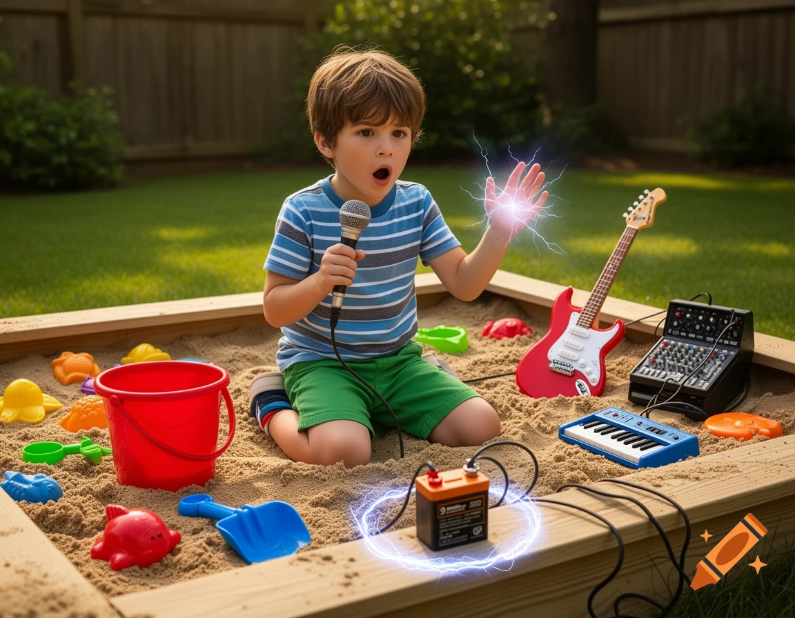 A young boy with wide eyes kneels in a sandbox, holding a microphone while electricity sparks from his raised hand and a 9-volt battery among toys.