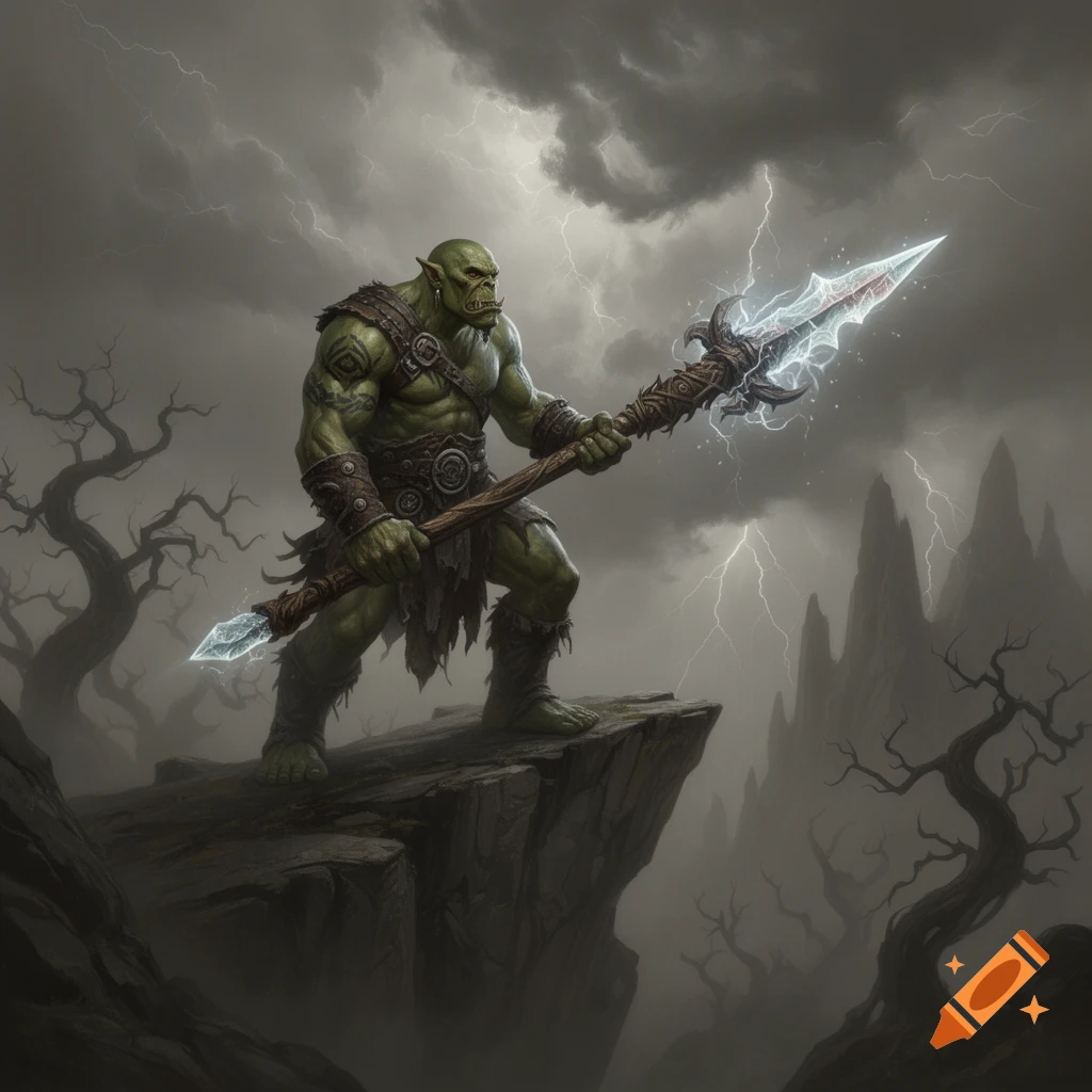 A green orc stands on a cliff, holding a glowing spellspear under a ...