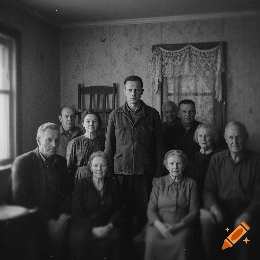 A serious-looking group of nine people, ranging from young to elderly, pose in a vintage black and white indoor family portrait.