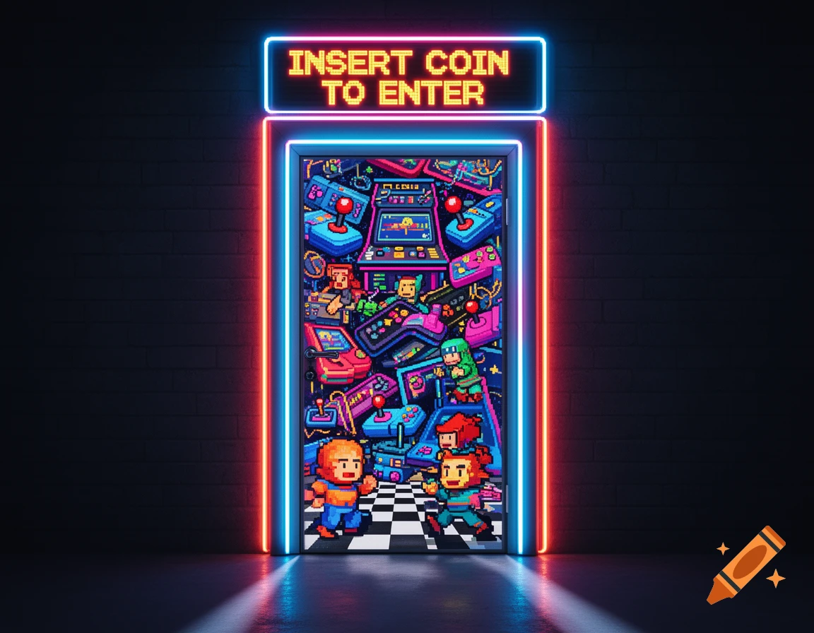 Vibrant pixel art of arcade games and characters fills a door framed by neon lights, with a neon 'INSERT COIN TO ENTER' sign above, set in a dark brick wall.