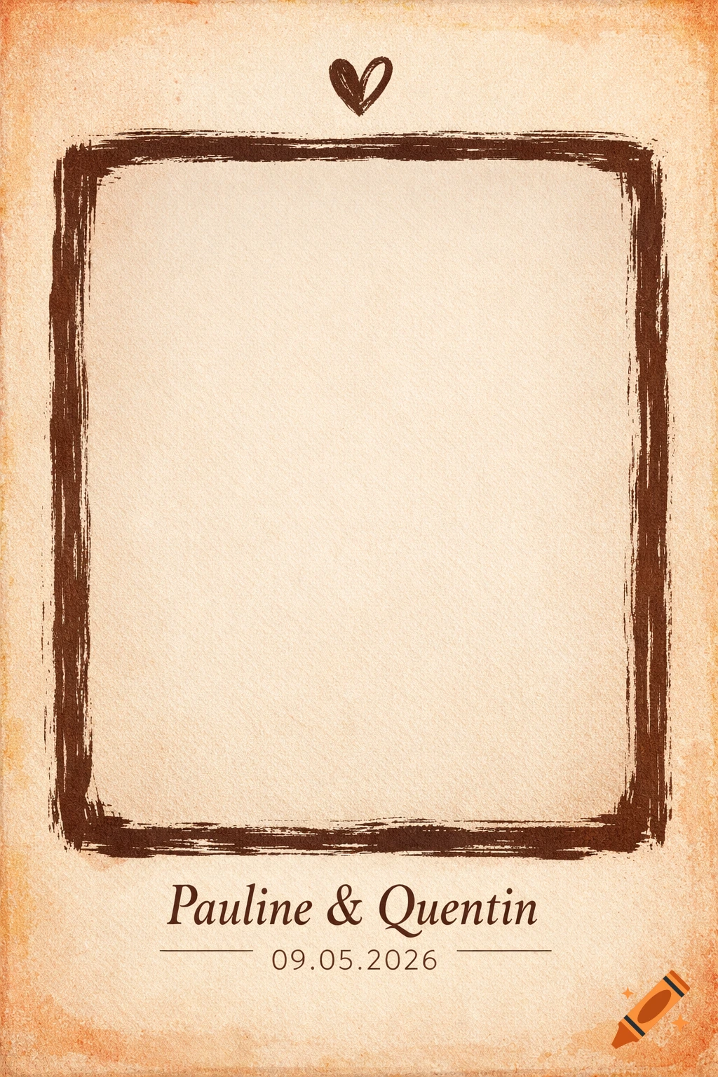 Vintage wedding photobooth frame with a brown brush-stroke border, a small heart, and text 'Pauline & Quentin 09.05.2026' on aged paper.