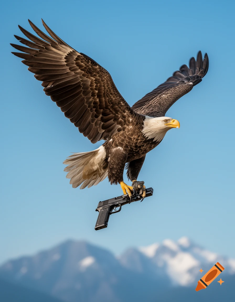 A photorealistic bald eagle in flight against a clear blue sky, grasping a black handgun in its talons, with blurred mountains below.