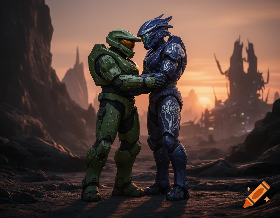 Master Chief in green armor embracing the Arbiter in blue armor on an alien landscape at sunset.
