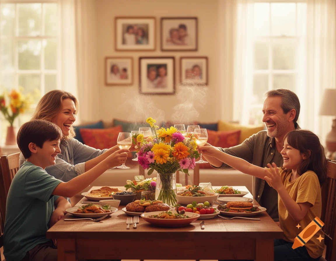 A happy family of four, two adults and two children, toast with glasses around a dinner table laden with food and flowers.