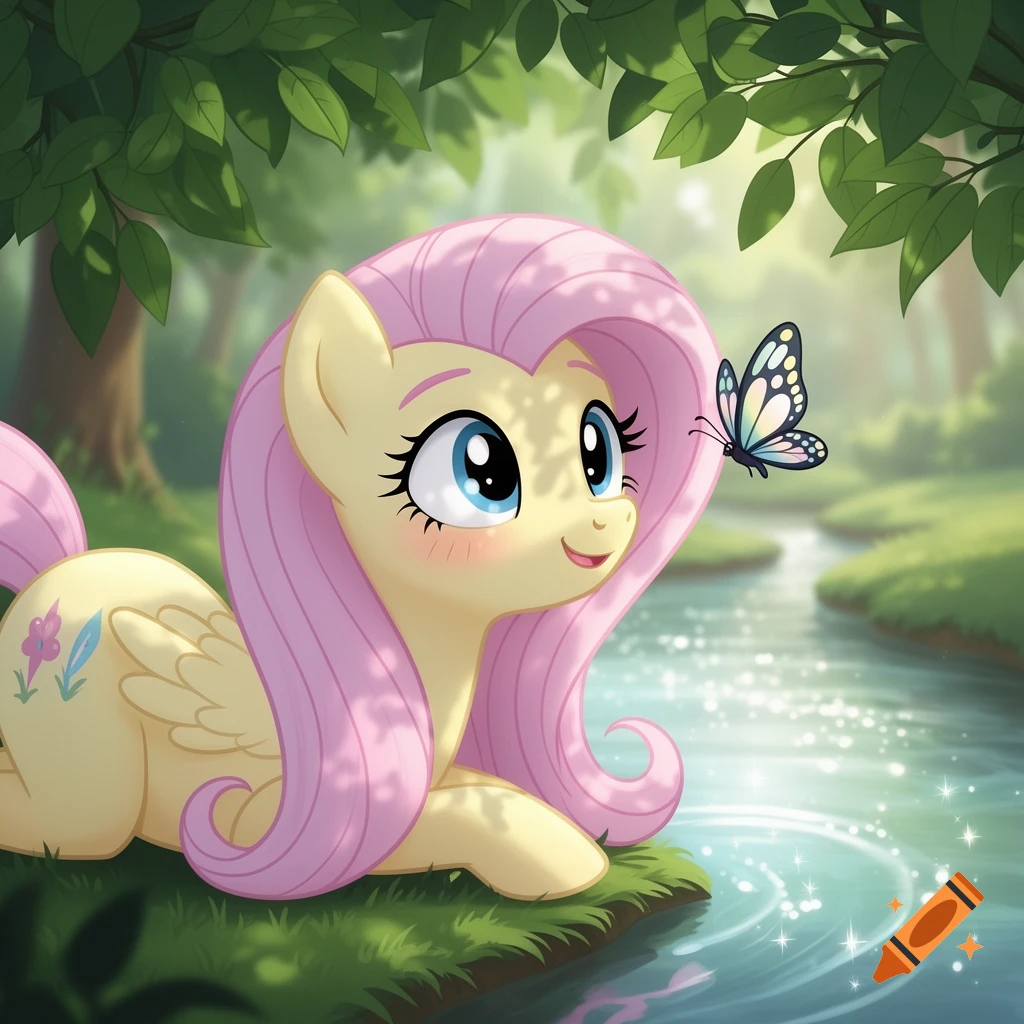 Fluttershy, a yellow My Little Pony, lies by a sparkling riverbank, gazing at a butterfly perched near her pink mane in a lush, sunlit forest.
