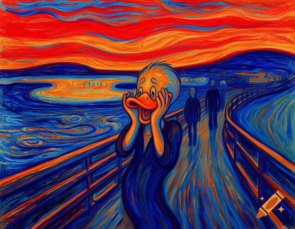 A cartoon duck character mimicking 'The Scream' on a bridge, painted in an expressionistic style with swirling orange and blue.