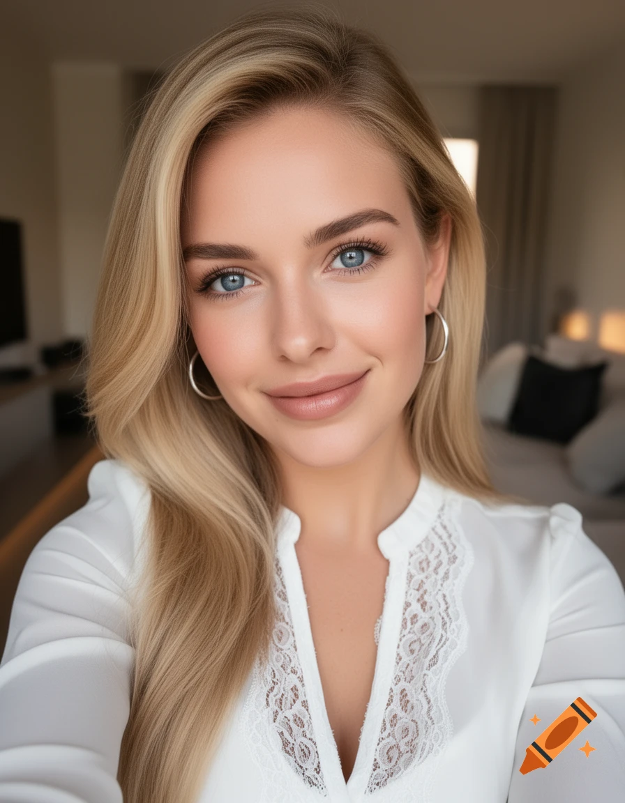 Photorealistic selfie of a smiling young woman with long blonde hair, blue eyes, wearing a white lace top.