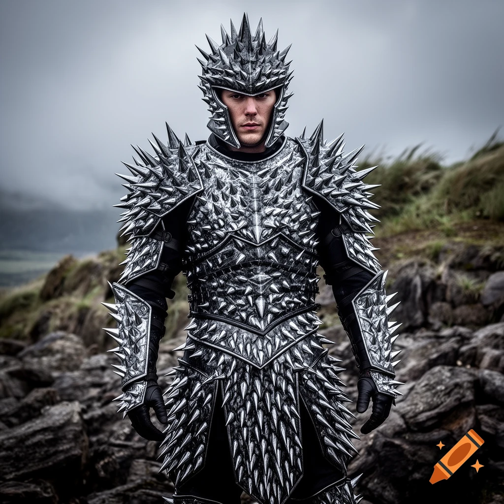 A man in formidable, spike-covered silver armor stands on a rocky, grassy landscape under an overcast sky.