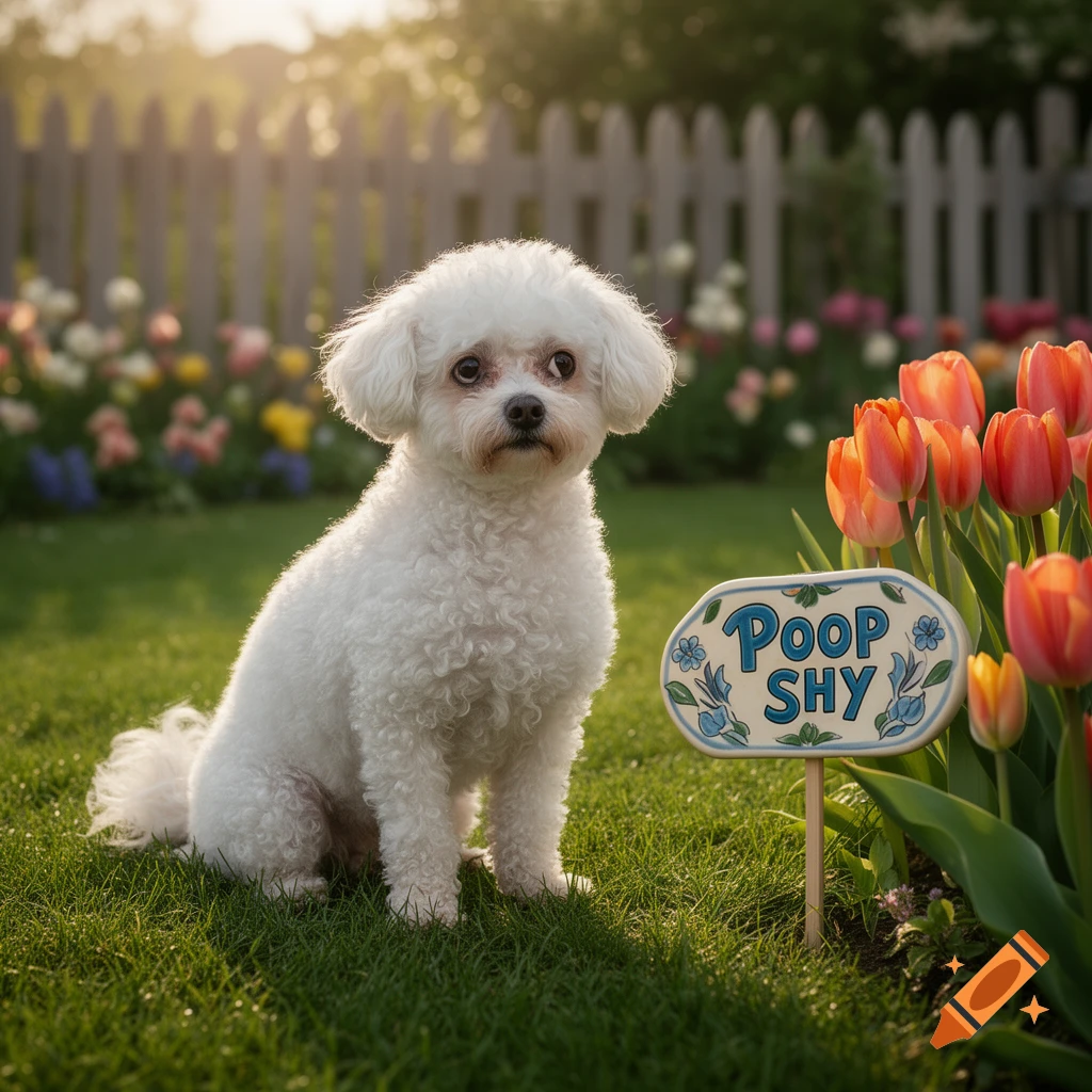 A small white fluffy dog sits on green grass next to orange tulips and a sign that reads "POOP SHY" in a garden at sunset.