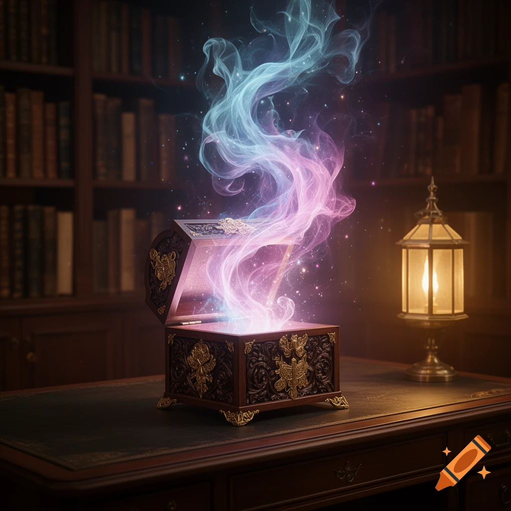 An ornate open wooden box on a desk in a dim library, glowing with swirling pink and blue magic and sparkling particles.