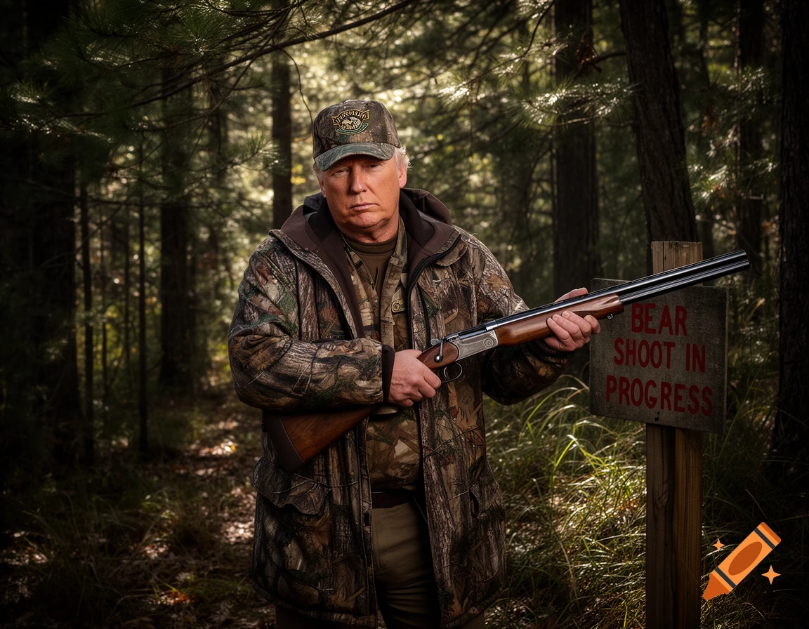 Photorealistic portrait of Donald Trump in camouflage gear, holding a shotgun in a forest next to a sign 'BEAR SHOOT IN PROGRESS'.