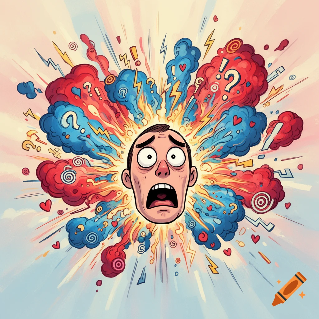 Cartoon illustration of a man's head in distress, surrounded by an explosion of red and blue clouds, question marks, and hearts, symbolizing emotional chaos.