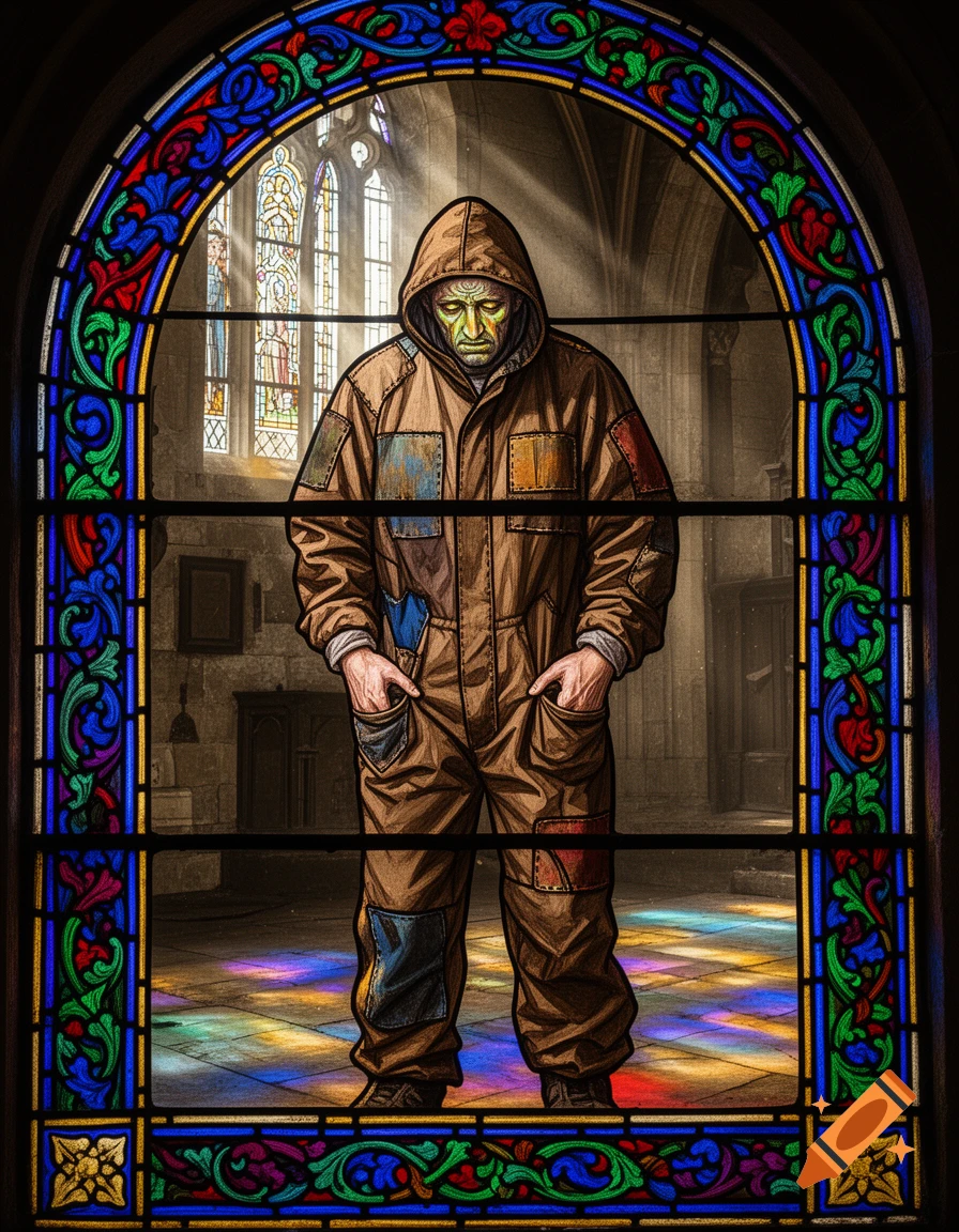 Stained glass art of a mournful man in a patched brown hooded suit standing in a church, framed by colorful patterns.