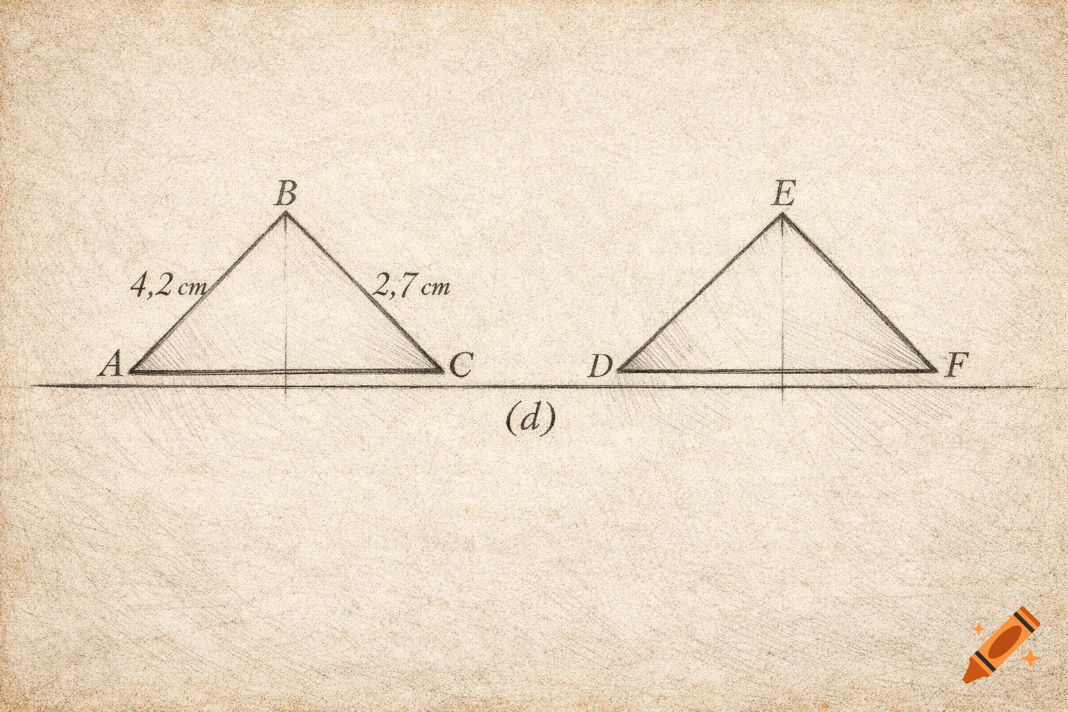 Hand-drawn geometry diagram showing two triangles, ABC and DEF, with measurements for ABC, on an aged paper background.