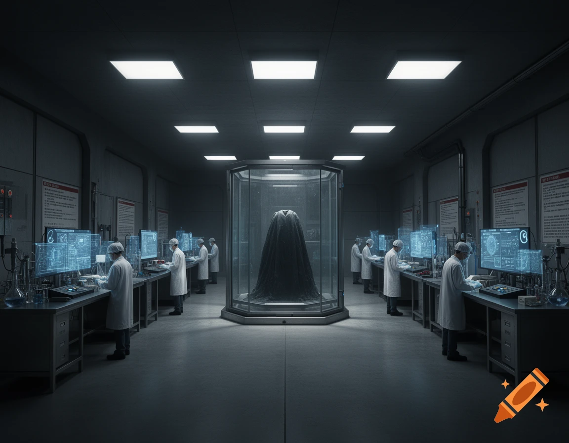 A dark, futuristic laboratory with scientists in white coats working at glowing holographic screens, observing a mysterious dark object in a central glass chamber.