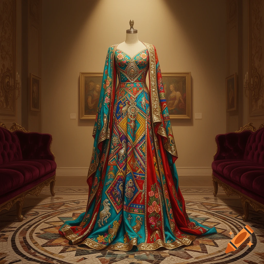 A vibrant, ornate dress on a mannequin in a museum setting, featuring colorful patterns inspired by folk art.