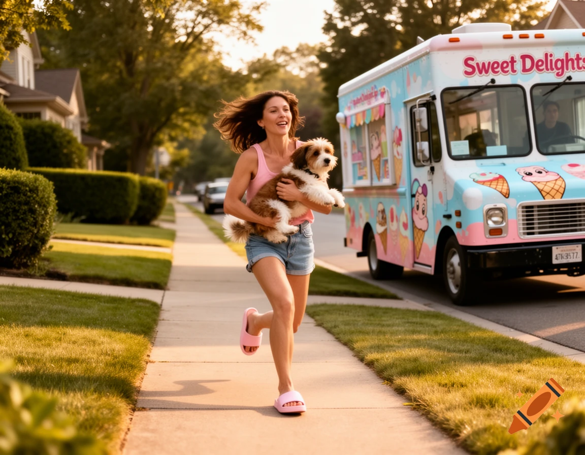 A woman runs on a suburban sidewalk, carrying a small dog, chasing a colorful ice cream truck. Photorealistic.