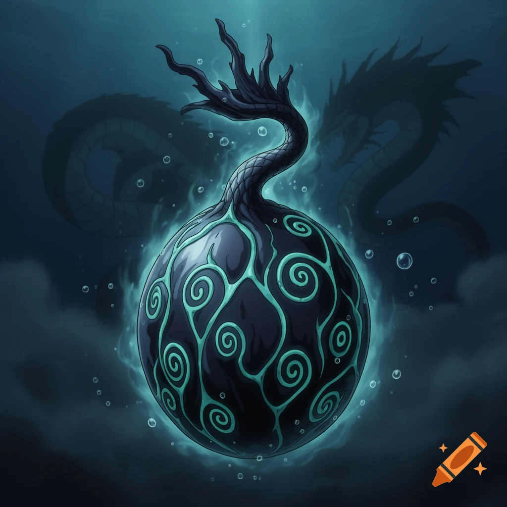 Anime-style mystical dark fruit with glowing turquoise spirals and a serpent stem, submerged underwater with a shadowy sea serpent.