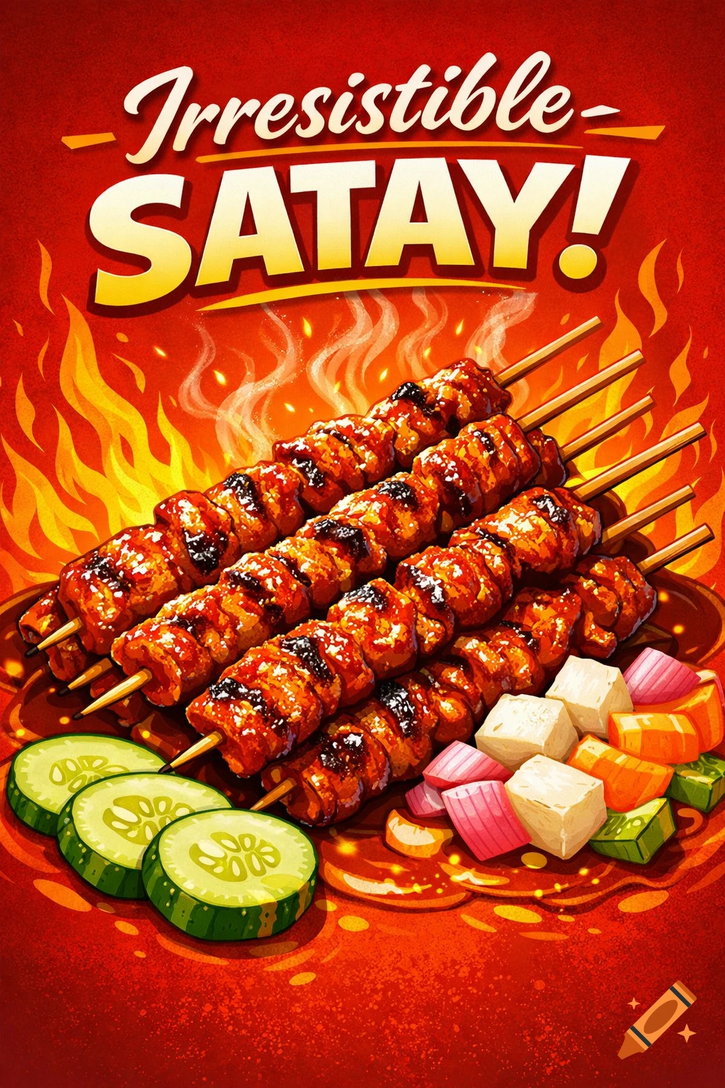 A vibrant poster for 'Irresistible SATAY!' features grilled skewers with cucumbers, onions, and flames on a red background.