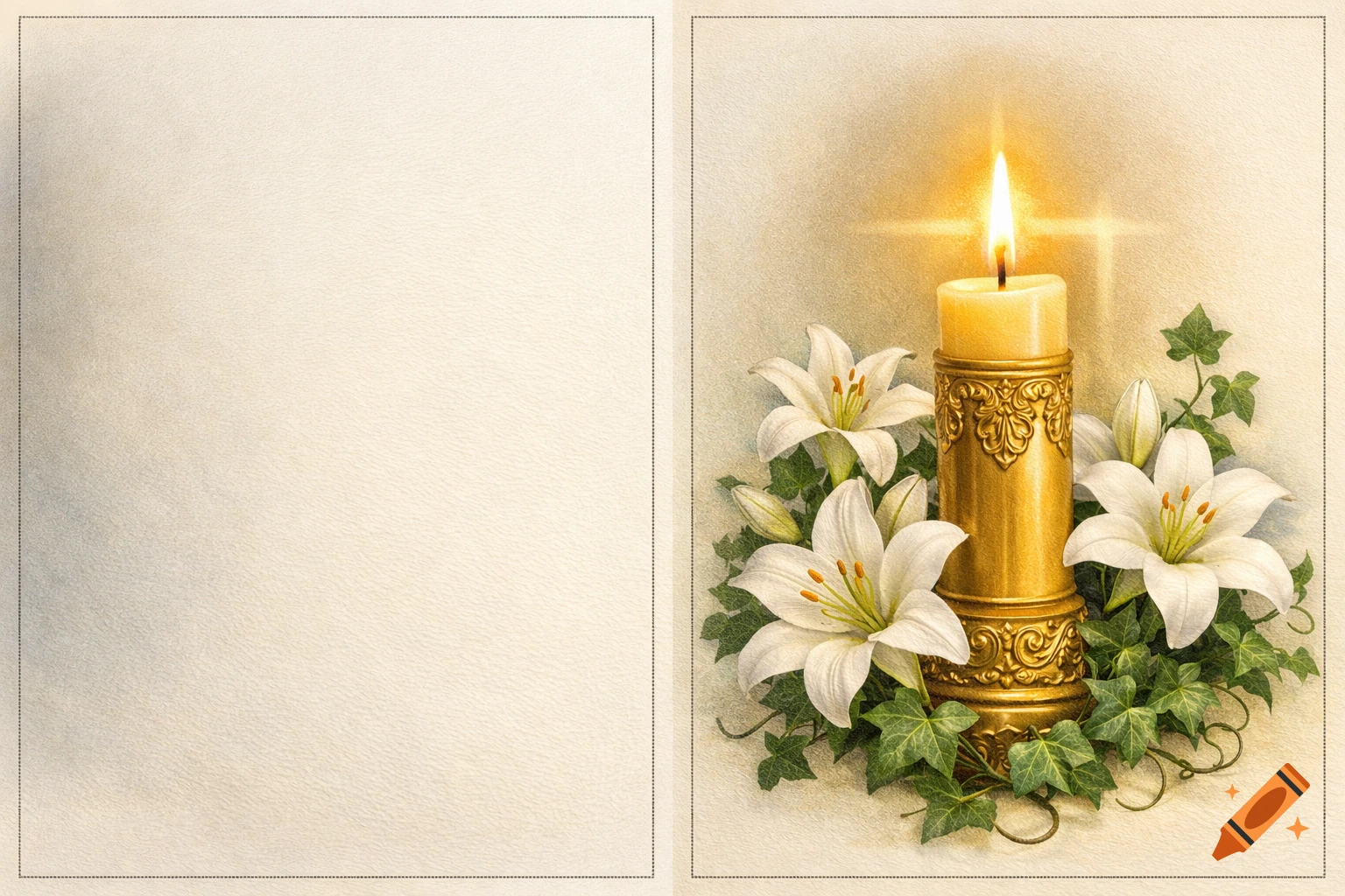 An illustrative image featuring a golden candle with a warm glow, surrounded by white lilies and ivy, next to a blank textured space.