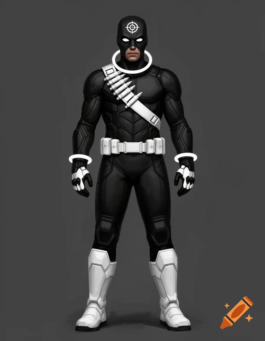 A male superhero in a black suit with a white bullseye symbol, white accents, and a bandolier, in a comic book art style.