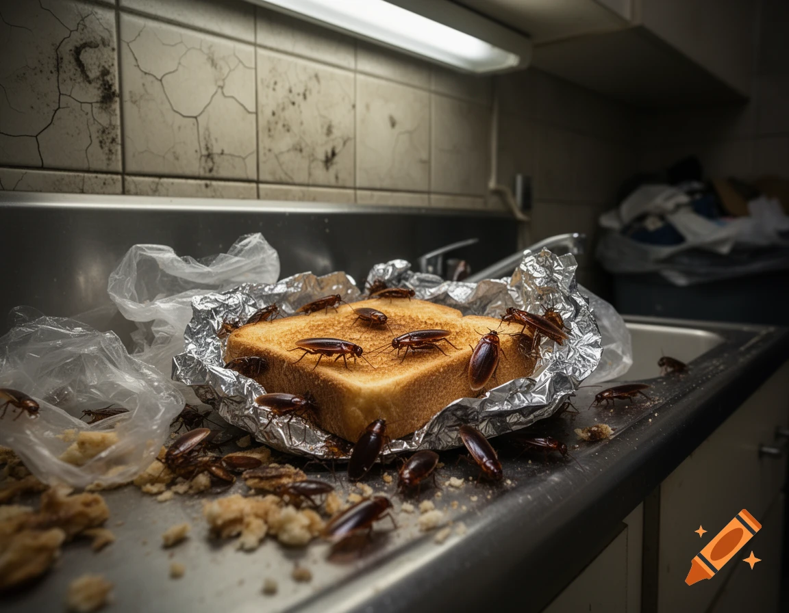 Photorealistic image of a severe cockroach infestation in a dirty ...