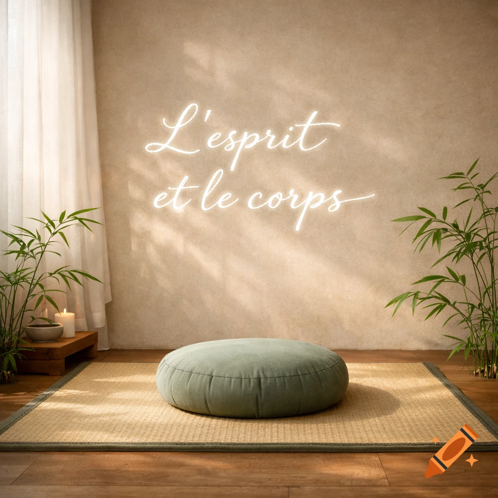 A serene room with a meditation cushion, bamboo plants, candles, and glowing French text "L'esprit et le corps" on the wall.
