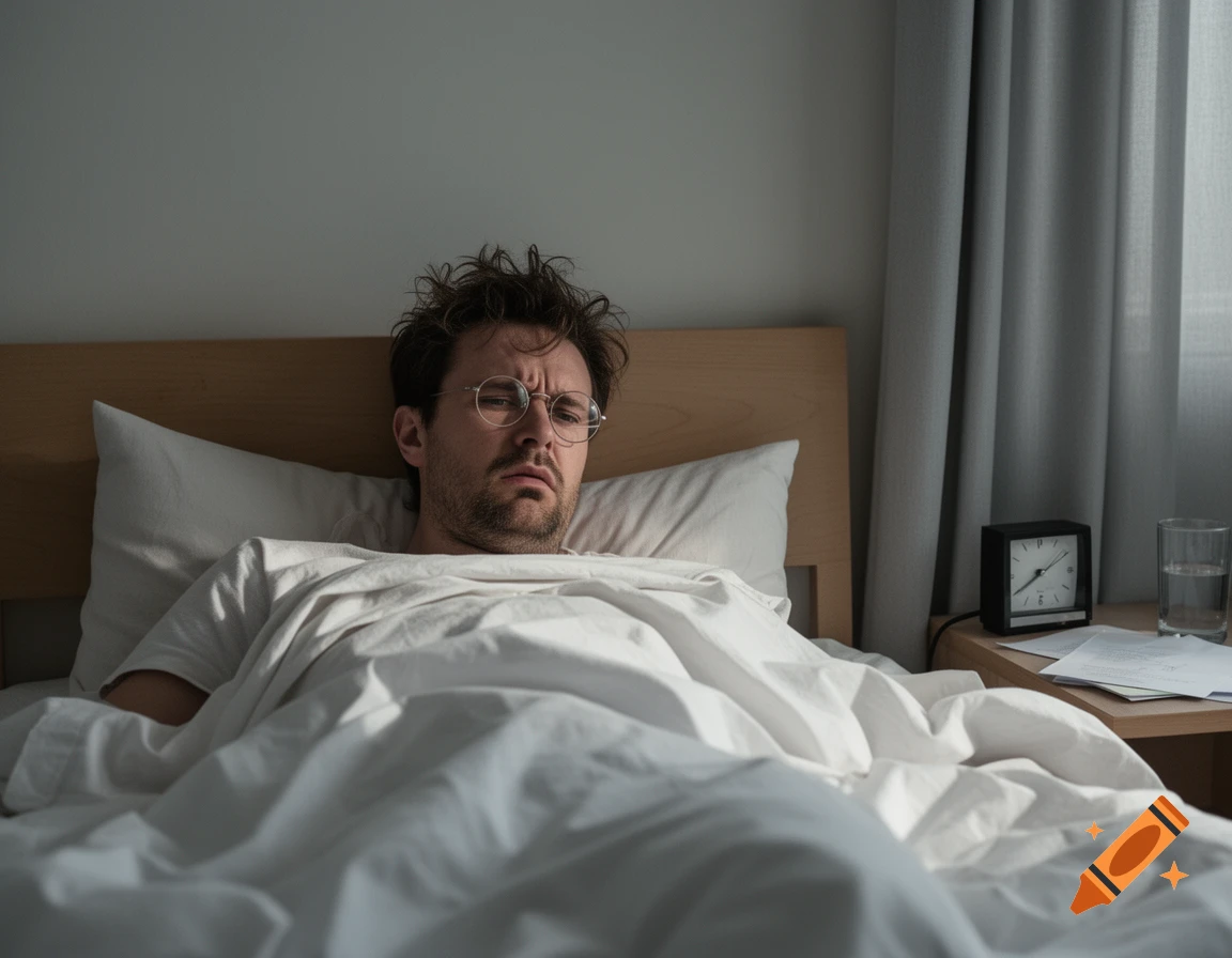 A man with messy hair and glasses lies in bed, looking grumpy after waking up, with an alarm clock and glass of water nearby.