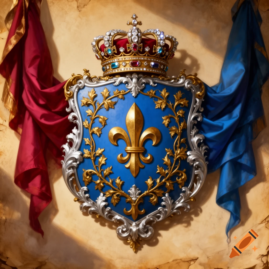 A richly detailed coat of arms with a golden fleur-de-lis on a blue shield, adorned with silver scrollwork and topped by a jeweled crown, flanked by red and blue drapes against a parchment background.