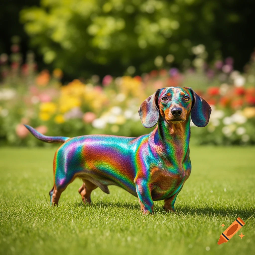 A shiny rainbow-colored dachshund dog stands in a vibrant green garden with colorful blurred flowers in the background.