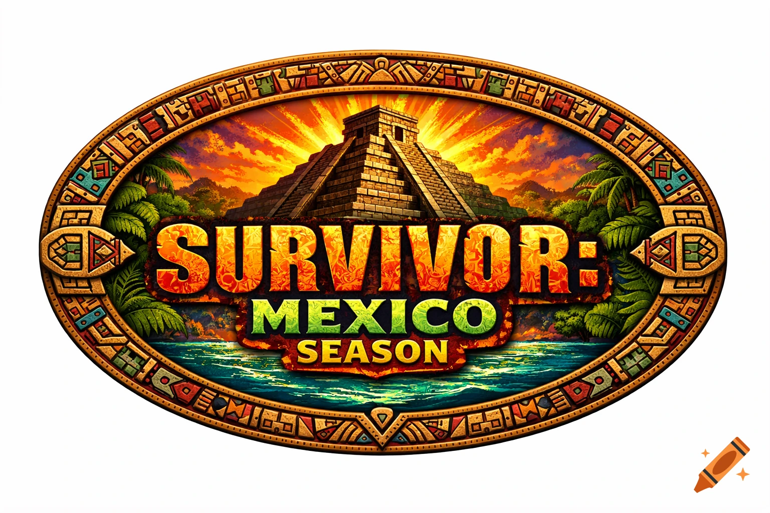 A vibrant oval logo for 'SURVIVOR: MEXICO SEASON' featuring a Mayan pyramid, lush jungle, and water under a fiery sunset, framed by intricate patterns.