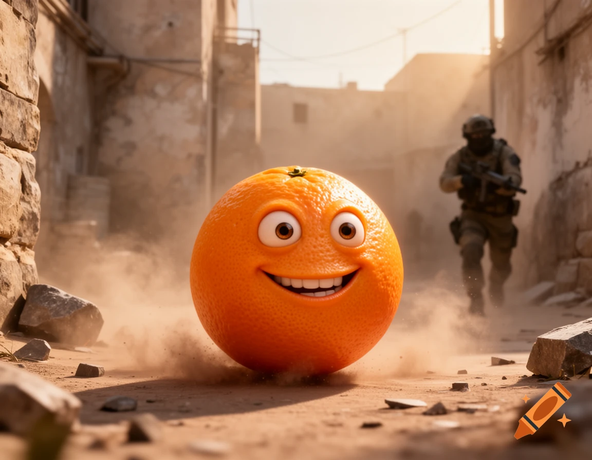 A happy, anthropomorphic orange with a wide smile rolls through a dusty, war-torn alleyway, with a blurry soldier in tactical gear in the background.