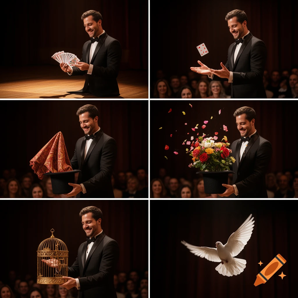 A photorealistic collage shows a smiling magician performing card tricks, producing flowers from a hat, and a dove flying from a cage on stage.