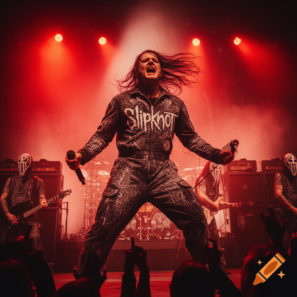 A metal band's lead singer, wearing a jumpsuit with 'Slipknot' and dark makeup, screams into a microphone on a red-lit stage with masked bandmates.