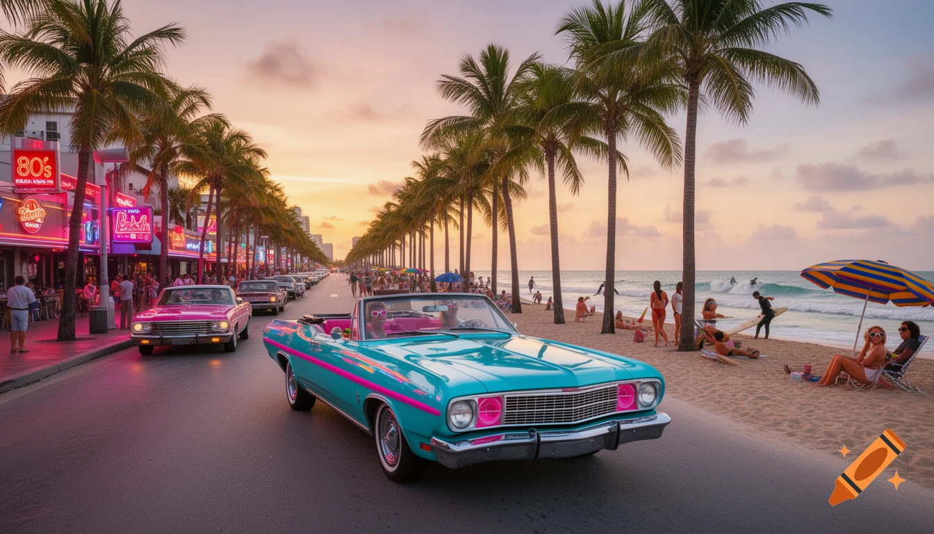 A vibrant street scene at sunset, with a teal vintage convertible driving past neon-lit buildings and a crowded beach lined with palm trees.