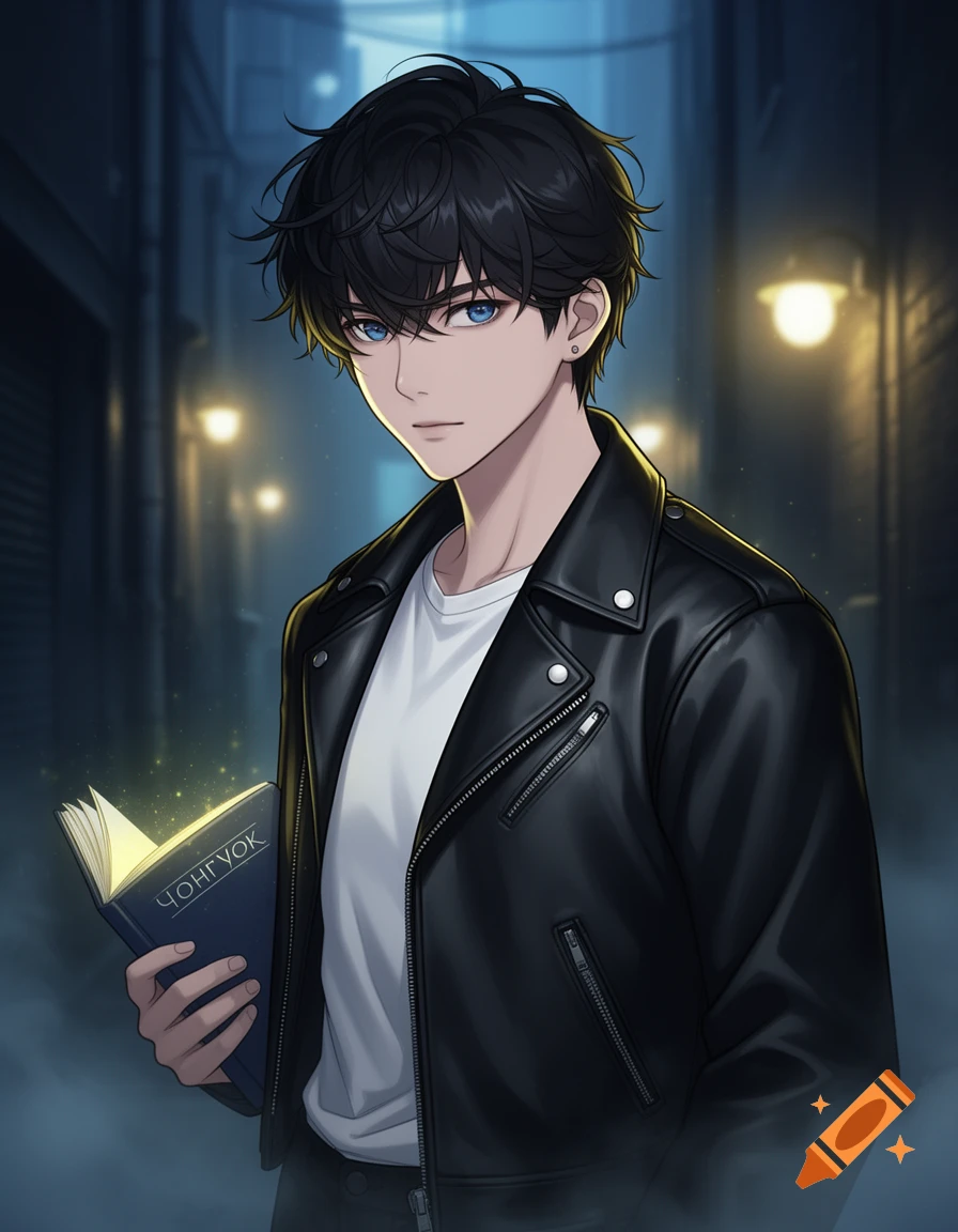 Anime illustration of a young man with black hair and blue eyes, wearing a black leather jacket, holding a glowing book on a dark street.