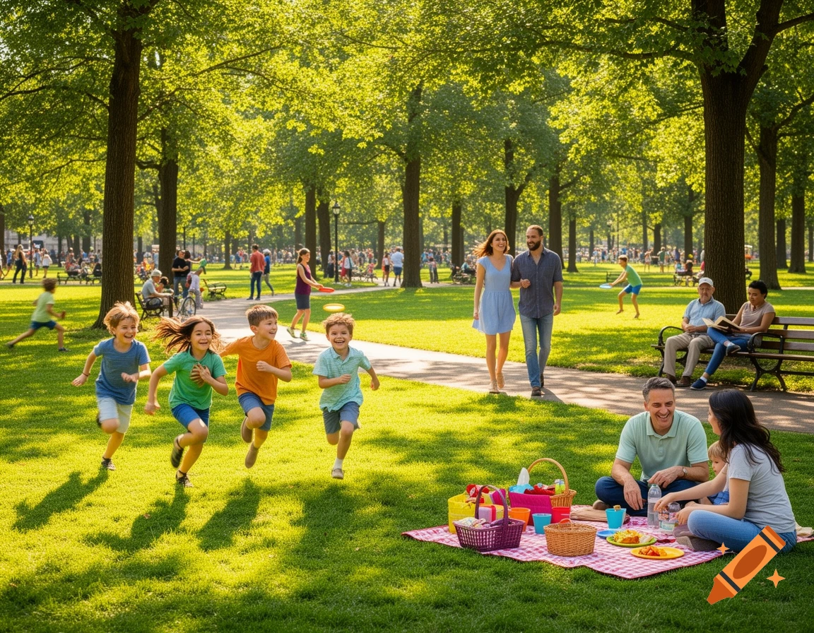 Photorealistic image of people picnicking, running, walking, and relaxing in a sunny, tree-filled park.