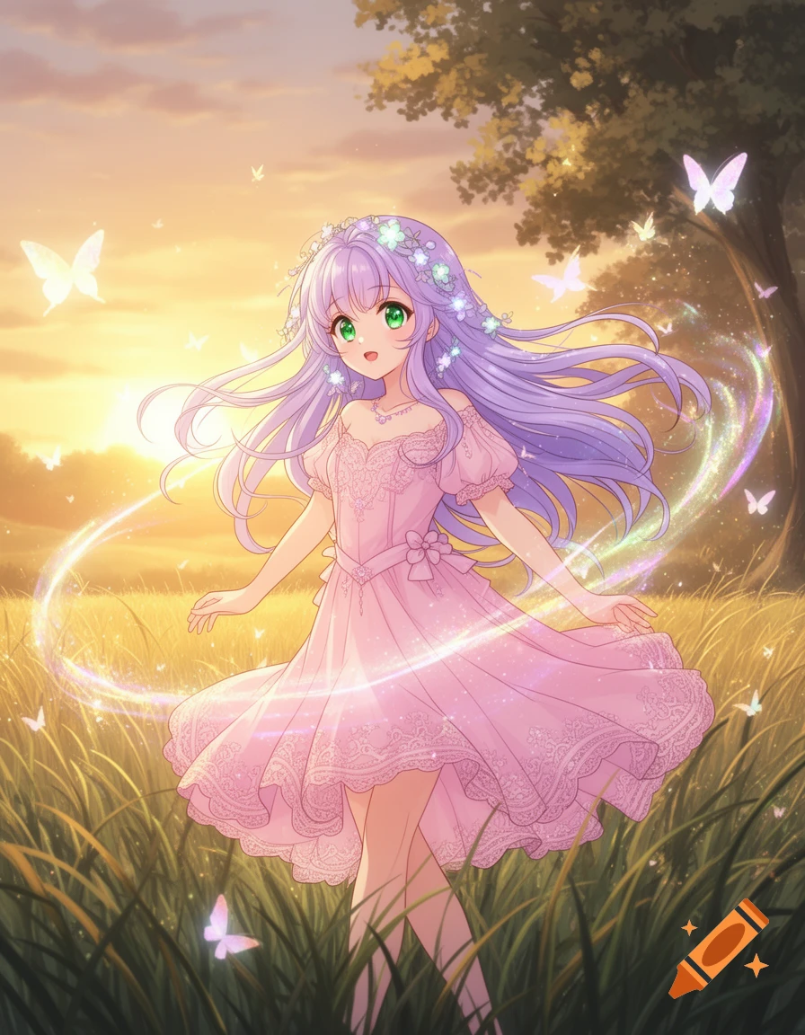 Anime girl with purple hair in a pink dress stands in a golden field at ...