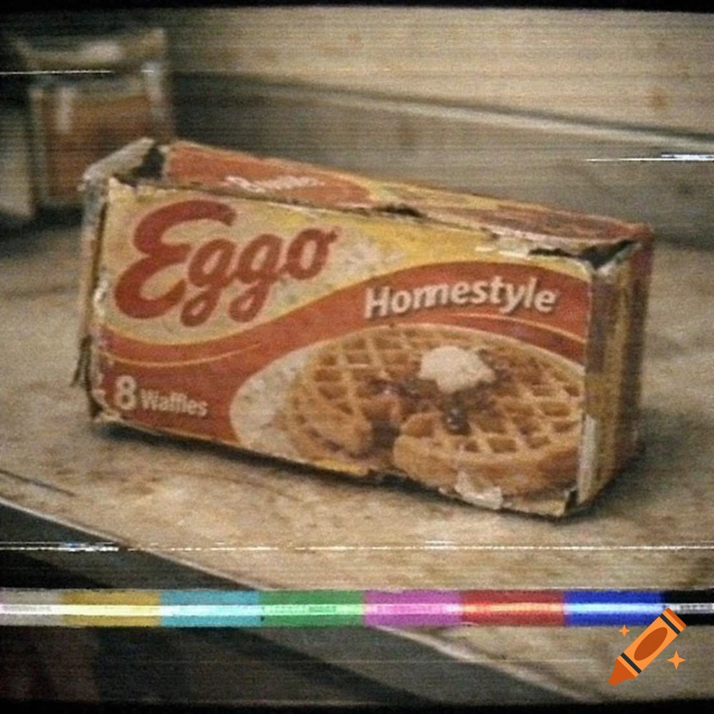 Damaged Eggo Homestyle Waffles box with retro VHS tracking lines and color bars.