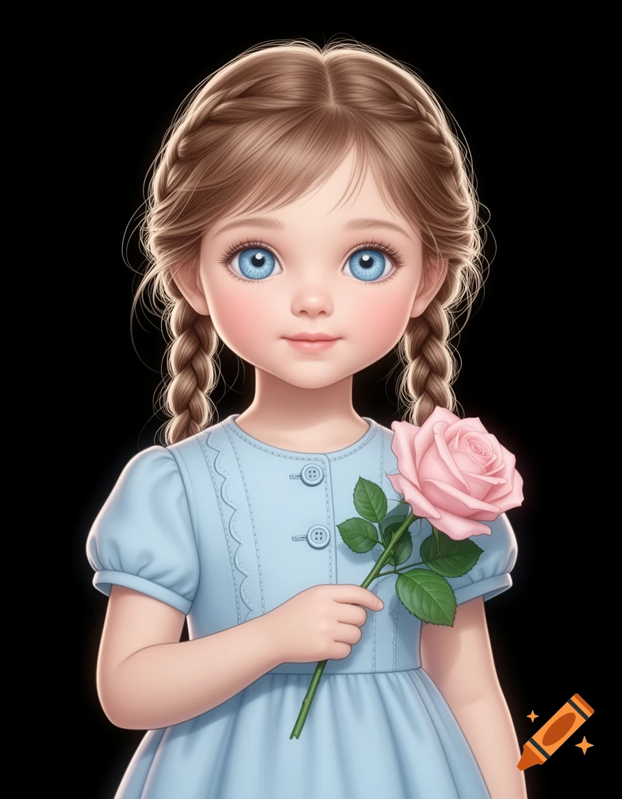 Illustrated doll-like little girl with braided light brown hair and big blue eyes, wearing a blue dress and holding a pink rose.