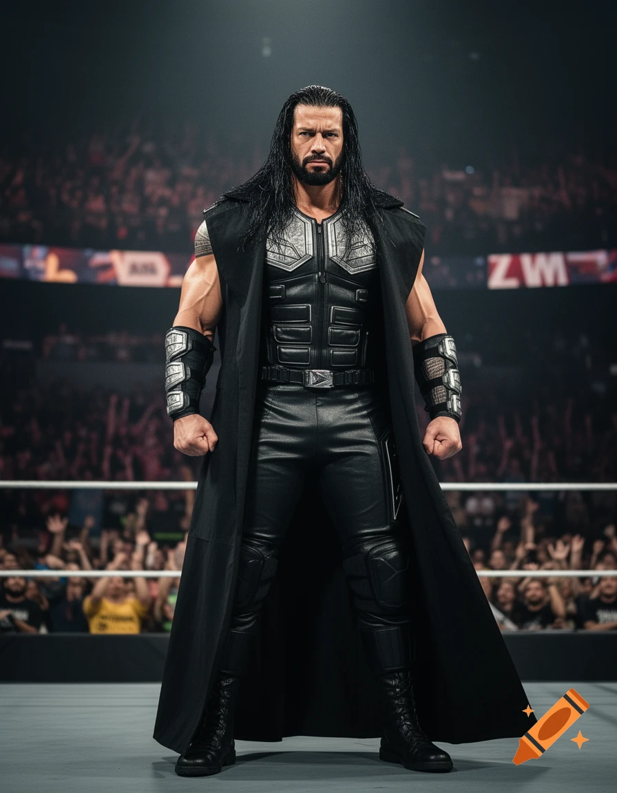 A powerful male wrestler with long dark hair, beard, black trench coat, and armored gear stands in a wrestling ring.