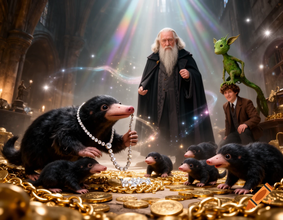 A photorealistic scene with a large Niffler wearing a diamond necklace surrounded by gold coins and Niffler babies, a wizard, and a young man with a green creature on his head in a magical hall.