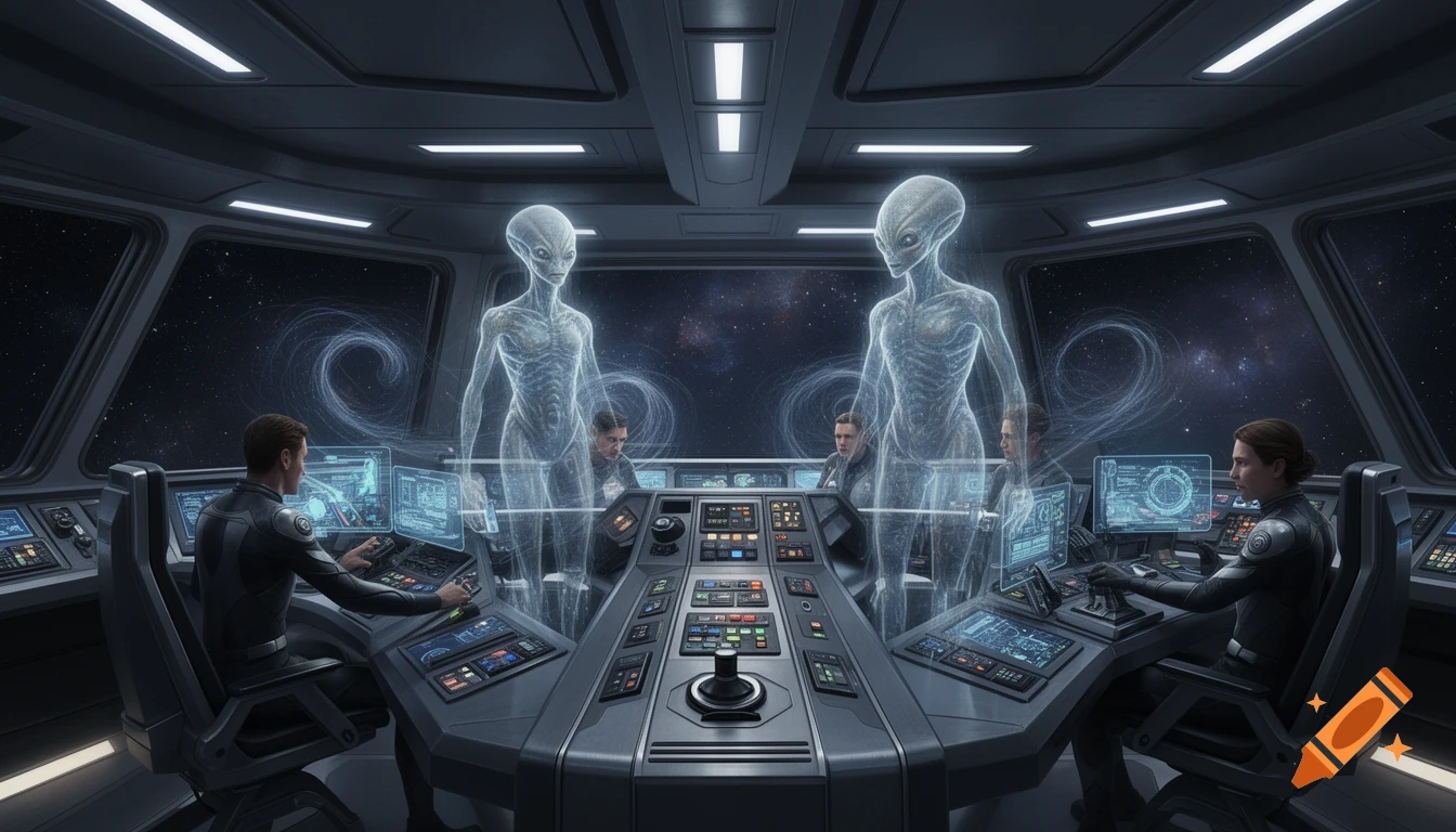 Two translucent alien figures overlook a human crew operating controls on a detailed starship bridge, with a view of space through the windows.