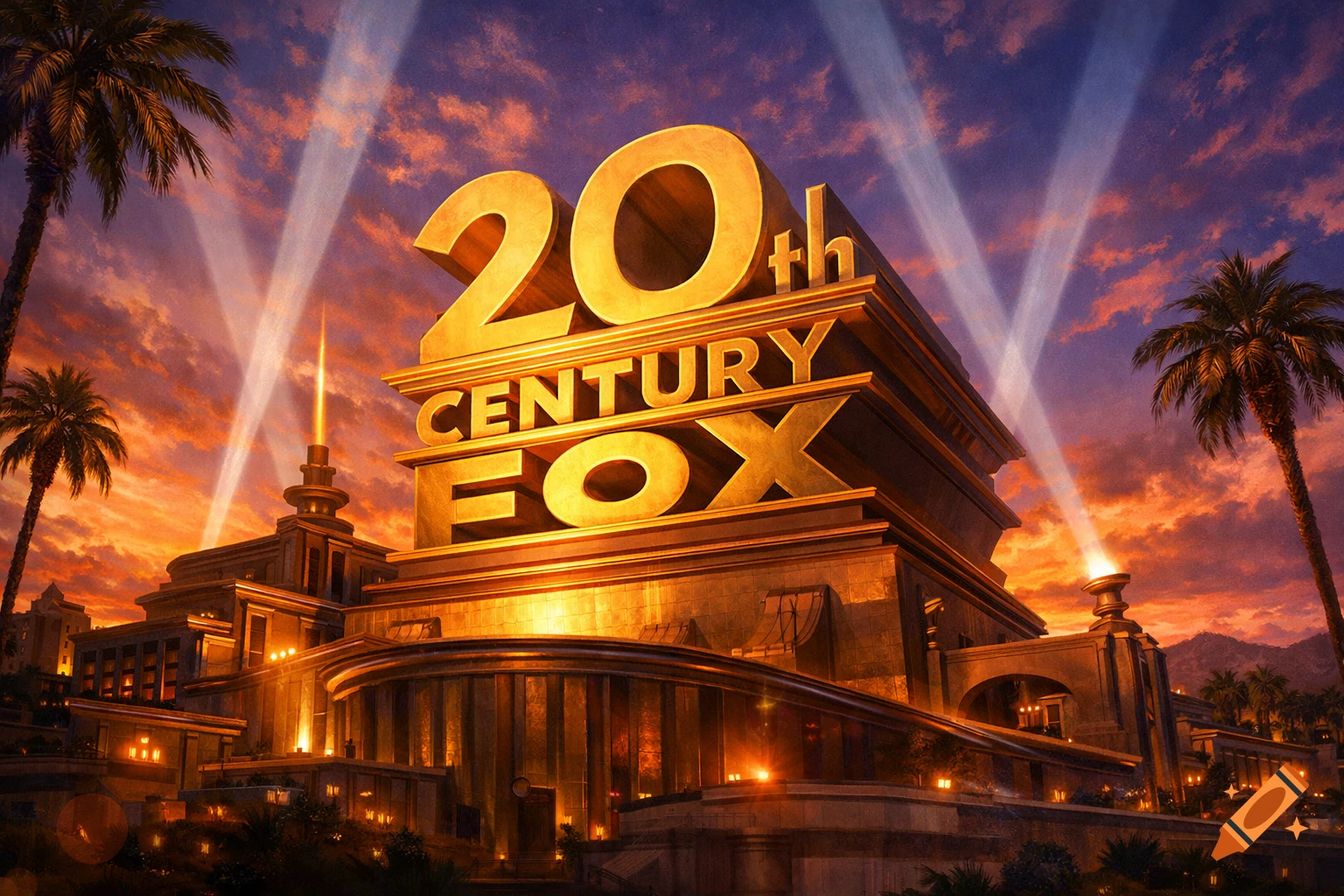 Photorealistic 20th Century Fox logo structure at sunset, with searchlights beaming into a dramatic sky.